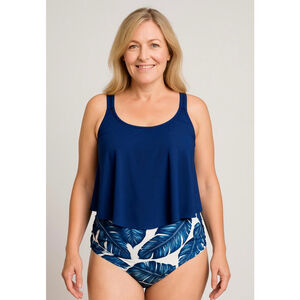 Women's Unbranded Blue White Leaf Print Tankini 2 Pc Swimsuit 1X Resort Vacation